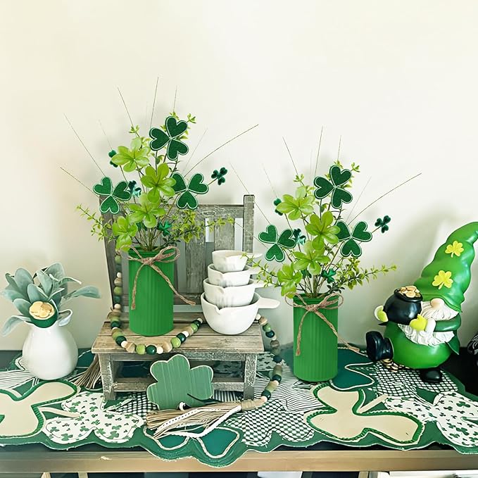 TORONTOKYO 6Pcs St Patricks Day Decorations Artificial Potted Plant Green Shamrock Stems Floral Picks Small Fake Plant for Home Party Table Centerpiece Decor