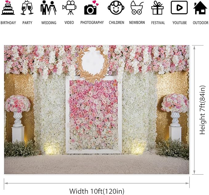 10x7ft Pink Flower Wall Photography Backdrop Proposal Ceremony Wedding Floral Photography Background Women Girl Birthday Party Bridal Shower Decor Banner Photo Booth Props