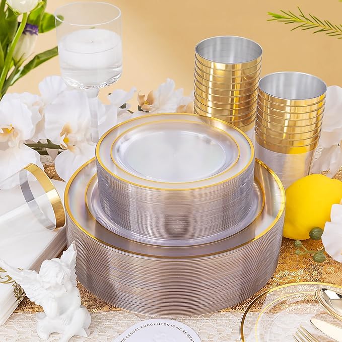 700 Pieces Gold Dinnerware Set - 100 Guests Clear Disposable Dinnerware Set for Party, Wedding, Include: 200 Clear Plates with Gold Trim, 100 Cups, 100 Napkins, 100 Plastic Silverware Sets