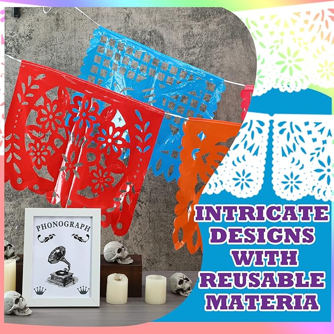 10 Pack Mexican Party Banners Total 170 Feet, Paper Picado Banner Mexican Party Decorations Day of The Dead Fiesta Decorations for Dia De Los Muertos Decor Supplies