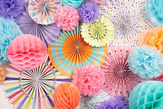 PapaKit Deluxe Origami Large Wall Decoration Set (Assorted Paper Fans & Pom-poms) Birthday Party Baby Shower Wedding Events Decor | Creative Art Design Pattern (Festive Colors, Deluxe 26 Piece Set)