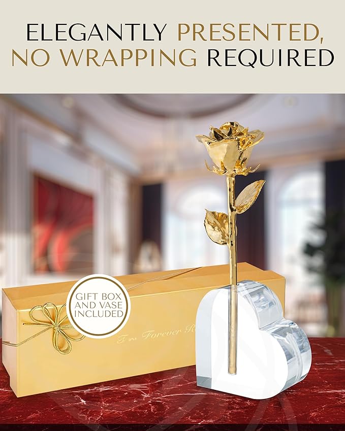 Forever Rose 24K Gold Dipped Real Rose, Handmade, Long-Lasting Preserved Flower in Acrylic Heart (One Rose) & Gold Box, Romantic Gift for Anniversary, Mother's Day, Birthday, Wedding, Wife, Girlfriend