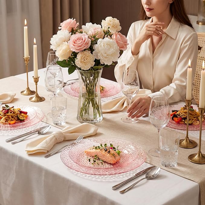 Rubtlamp 60PCS Pink Plastic Plates, Disposable Pink Plates with Hammered Design, Heavy Duty Plastic Platos Fancy Party Platos Include 30 Dessert Plate & 30 Dinner Plate for Bridal Wedding