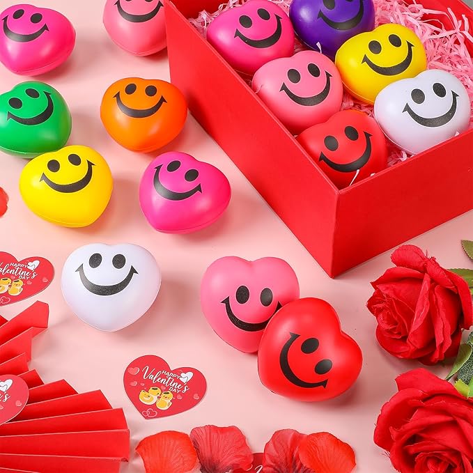 Zubebe 48 Pcs 2.76'' Valentine's Day Heart Stress Balls Heart Shaped Smile Face Ball Stress Relief Balls Valentines Day Gifts for Staff Kids Adults Party Favors School Reward(Multicolor)