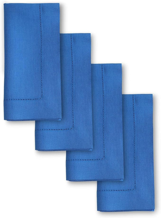 Solino Home Linen Napkins Set of 4 - Classic Hemstitch 100% Pure Linen Royal Blue Dinner Napkins Cloth 20 x 20 Inch - Handcrafted and Machine Washable - Winter, Spring