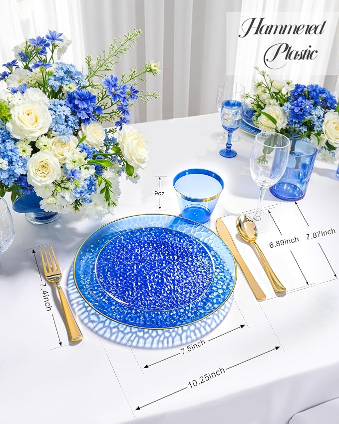 Hioasis 175pcs Blue Gold Plastic Plates - Blue Plastic Dinnerware Set Includes 25 Dinner Plate, 25 Dessert Plate, 25 Cups, 25 Napkins Perfect for Christmas & Party
