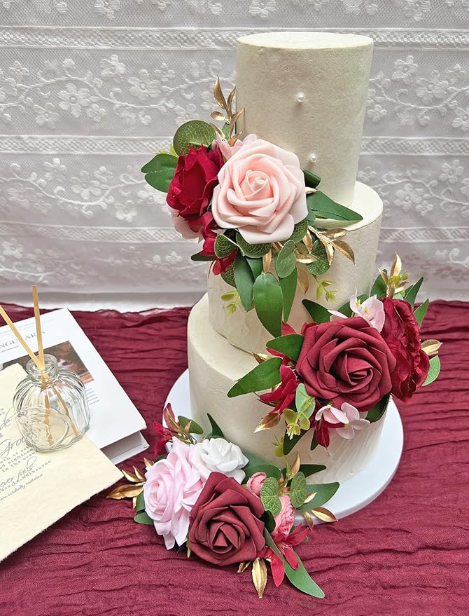 Marriwise 3Pcs Pre-made Cake Toppers Flowers, Burgundy Red Wedding Cake Decoration,Artificial Flowers Decor for Wedding Ceremony Anniversary,Birthday Party,Outdoor Forest (Burgundy Red)