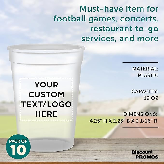 Custom Disposable Plastic Cups 12 oz. Set of 10, Personalized Bulk Pack - Perfect for Summer, Sporting Events, Birthdays, Weddings, Picnic, Beach, Parties - Clear
