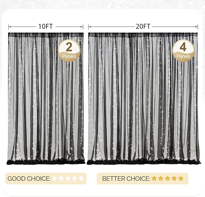 20x8ft Black Tulle Backdrop Curtain with Lights String for Parites, Sheer Photo Backdrop Curtains with Lights for Wedding Backdrop Ceremony Reception Bridal Shower Baby Shower Birthday Party