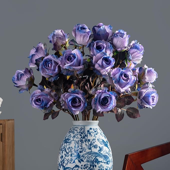 Artificial Flowers Artificial Roses Fake Roses 20PCS Long Stem Artificial Flowers for Tall Vase Silk Rose Suitable for Indoor Decor Wedding Party Decoration DIY Bouquet Autumn,Purple, 23.2In