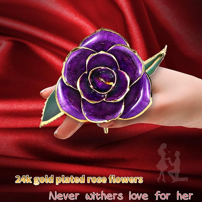 Anniversary Rose Gift for Wife, Forever 24k Gold Real Rose and Best for her Rose, Purple with Stand