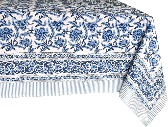ATOSII Midnight Bloom 100% Cotton Spring Summer Tablecloth, Hand Block Print Rectangle Table Cover for Kitchen Dining Linen I Parties, Outdoors, Wedding, Easter I 72 X 108 Inches I 8 Seater