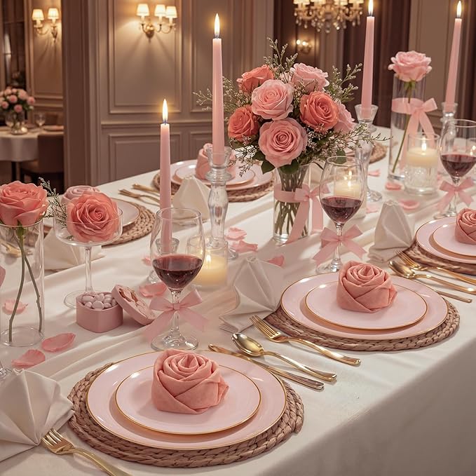 WDF 150Pcs Pink Plates Disposable - Pink and Gold Plastic Plates 25guest Disposable Dinnerware Include 25 Dinner Plate, 25 Dessert Plate, 25 Cutlery & 25 9oz Cups for Wedding, Party, Valentine's Day