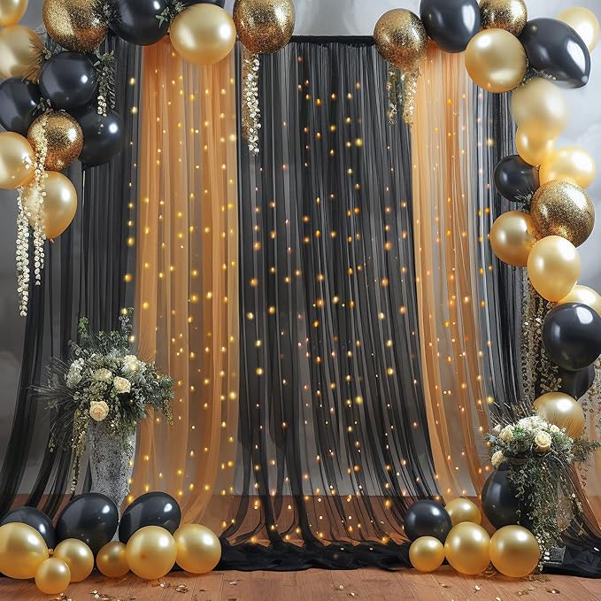 30x10ft Black Tulle Backdrop Curtain with Lights String for Parites, Sheer Photo Backdrop Curtains with Lights for Wedding Backdrop Ceremony Reception Bridal Shower Baby Shower Birthday Party