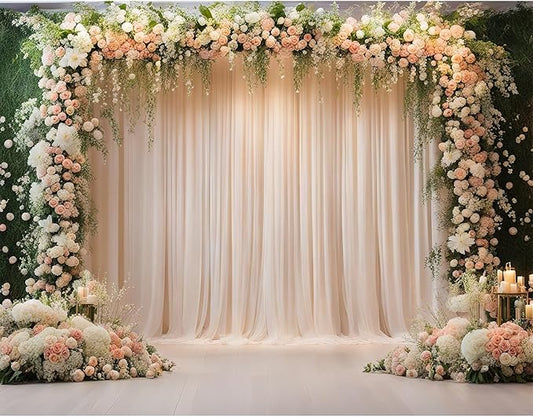Wedding Ceremony Backdrop Wedding Stage Decorations Photography Background Traditional Luxury Elegant Style Weddings Backdrops Party Arch Design Decorated with Pink White Flowers Banner Props 12x8ft