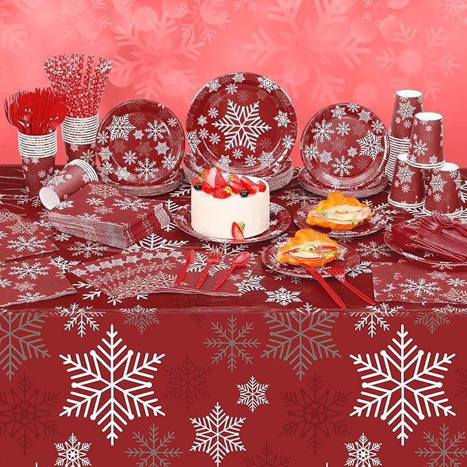 452 Pcs Christmas Snowflake Party Supplies for 50 Guests, Red White and Sliver Snowflake Paper Plates and Napkins Cups Tablecloth Cutlery Straws for Winter Xmas Birthday Party Decoration