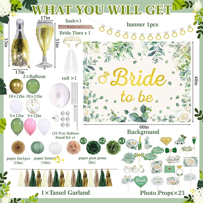 265 Pcs Sage Green Bridal Shower Decorations Eucalyptus Bachelorette Party Decoration Bride to Be Disposable Dinnerware Set with Tablecloth Veil Tablecloth Photo Booth Props, Serve 25 Guest