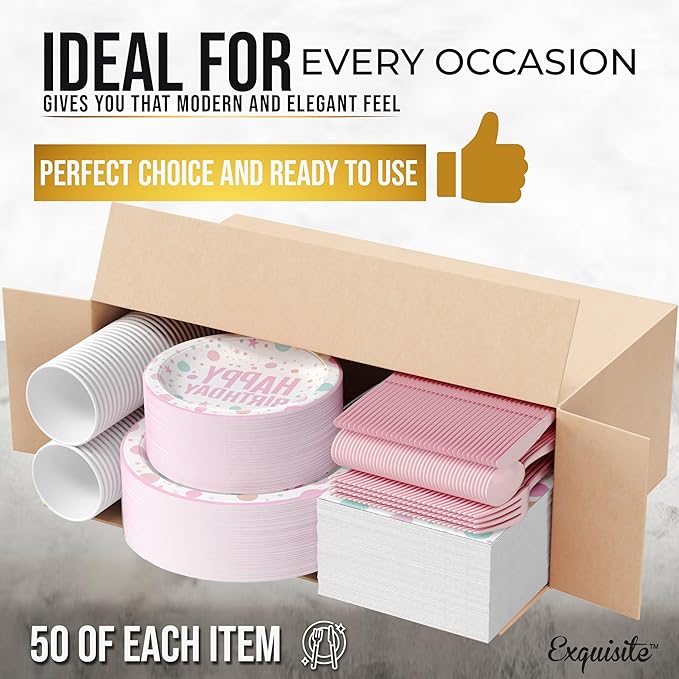 Exquisite 350 Pcs birthday Plastic Plates For Party, birthday Disposable Plates Set, 50 Of Each 9" Dinner Plate Set, 7" Dessert Plate, Cups, Napkins & Cutlery Plastic Dinnerware