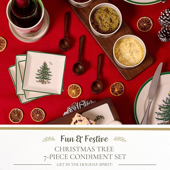 Portmeirion Spode Christmas Tree Holiday Serving Dishes - 7-Piece Set, Beige/Green, Ceramic Serving Bowl - Dip Bowls - Holiday Dinnerware, Dishwasher and Microwave Safe, Festive Tableware