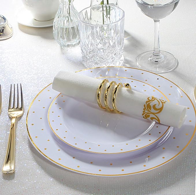supernal 102pcs Gold Plastic Plates, White Disposable Plates with Gold Point Design, Party Plastic Dinnerware Suit for Wedding-51 Dinner Dishes 10.25" and 51 Dessert Tray 7.25"