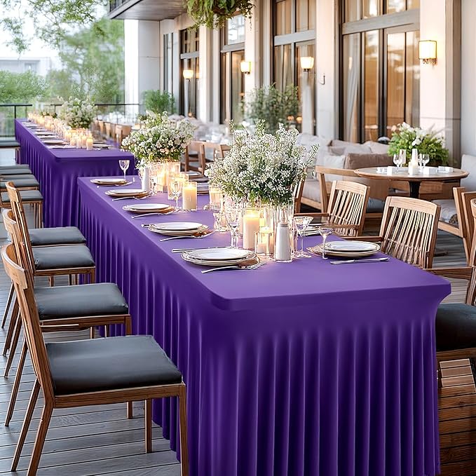 Wish Care 6 Pack Dark Purple Spandex Table Clothes for 6 Foot Rectangle Tables, 6FT Wrinkle Free Fitted Tablecloths Ruffles Design Table Cover for Party, Banquet, Wedding and Events