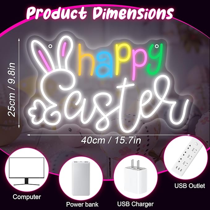 Happy Easter Led Neon Sign, Cute Bunny Ear Light Up Sign, Easter Home Wall Decor for Bedroom, Bar, Window, Spring Party Gifts
