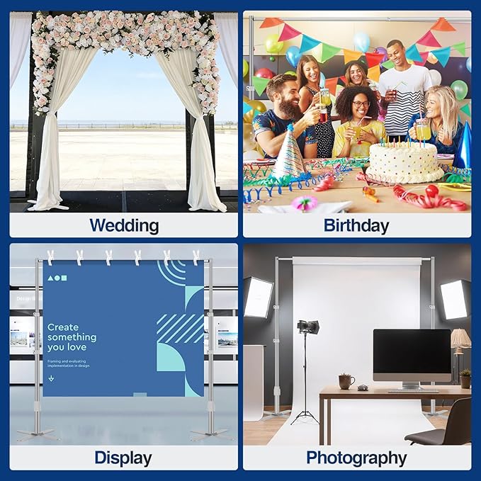 EMART Backdrop Stand Heavy Duty 10x10Ft, Pipe and Drape Photo Background Photography Kit, Adjustable Metal Frame with X-Shaped Base for Wedding Birthday Party Decoration