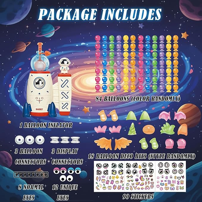 Space Rocket Sticky Balloon with Pump - 219 Pcs DIY Balloon Animals Kit, Creative Sticky Balloon Maker Toy for Kids with Strickers, Accessories, Birthday Gifts for Boys Girls Ages 3+