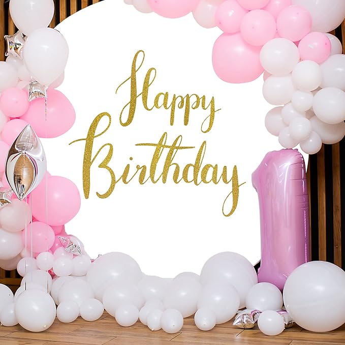Gold Happy Birthday Round Backdrop Cover 7.2ft,White Circle Background Stand Cover with 4Clips,7.2 Round Backdrop for Photography Kids Baby Birthday Party Banner Decor