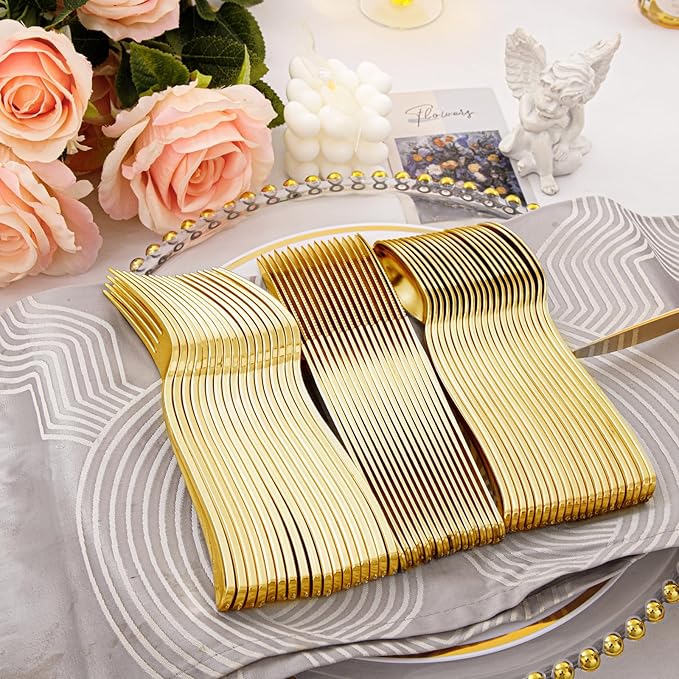 Supernal 360pcs Gold Plastic Silverware Heavy Duty Disposable Cutlery Gold flatware Sets Include 120 Forks, 120 Knives, 120 Spoons, Suitable for Party, Birthday, Wedding