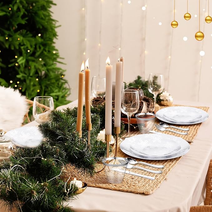 Sliner 350 Pcs Snowflake Frozen Birthday Party Supplies Disposable Tableware Set Include 7.5'' Plates 10.25'' Plates Napkins Cups Forks Knife Spoons for 50 Guests themed Holiday Party Decor(Silver)