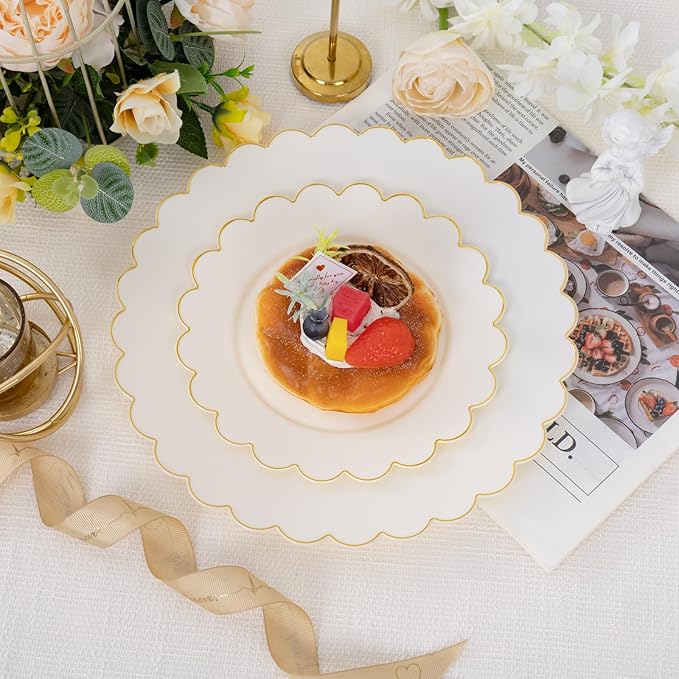 supernal 100pcs Ivory Plastic Plates,Gold Scalloped Disposable Plates,Heavy Duty Plastic Plate Including 50pcs Ivory Dinner & Dessert Plate,Fancy Disposable Platos Perfect for Party,Wedding,Birthday