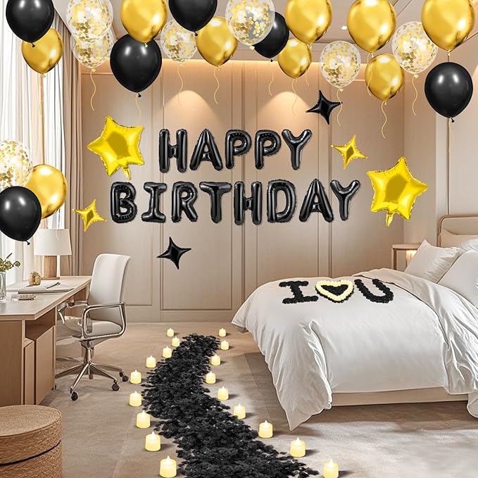 Black Gold Happy Birthday Balloons Decorations Black and Gold Birthday Balloon Letters Banner with 6 Pcs Star Balloons Black Artificial Rose Petals 24 Flameless LED Candles for Room Hotel Party Decor