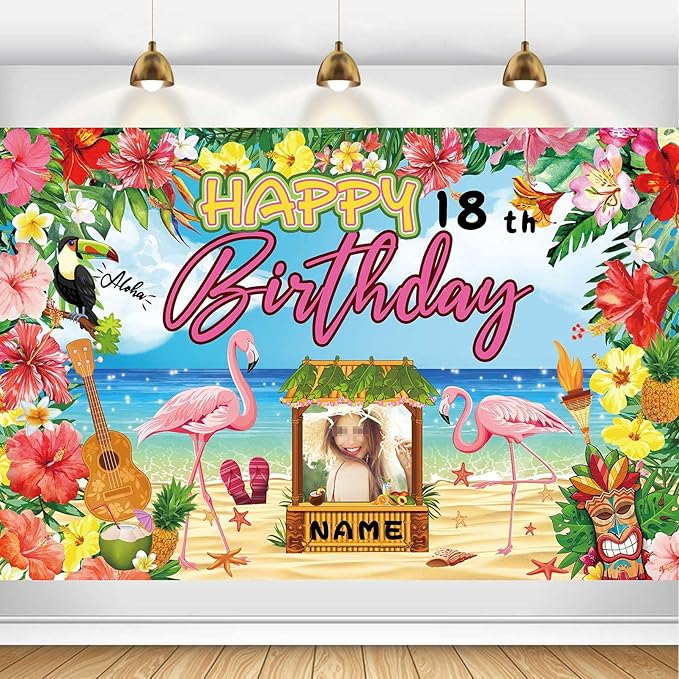 AUBAO Custom Happy Birthday Banner Flamingo Themed Party Decoration Backdrop Party Supplies Tropical Floral Photo Booth Hawaiian Themed Party Decoration for Luau Beach (6x9ft)