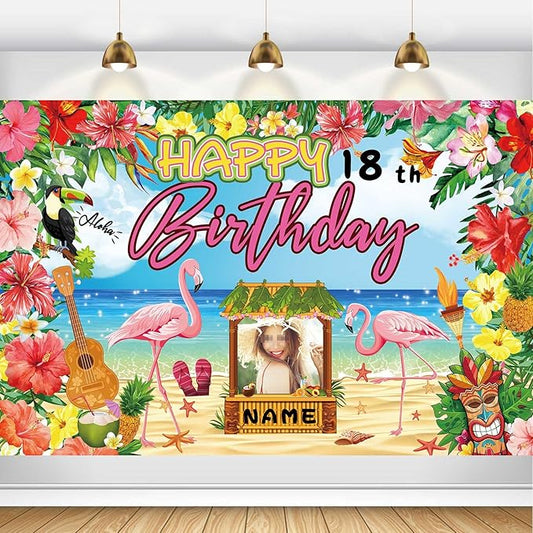 AUBAO Custom Happy Birthday Banner Flamingo Themed Party Decoration Backdrop Party Supplies Tropical Floral Photo Booth Hawaiian Themed Party Decoration for Luau Beach (6x9ft)
