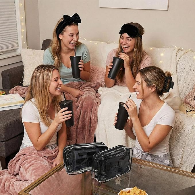 30 Pcs Spa Party Favors for Women Sleepover Party Supplies 6 Bow Headband 6 Eye Mask 6 Hair Clip 6 Cosmetic Bag 6 Glitter Plastic Cup for Adult Spa Birthday Bachelorette Gift(Black)
