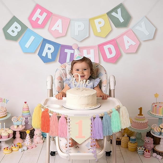 Pastel Macaron Rainbow High Chair Banner Felt Happy Birthday Banner Pre-Strung Birthday Party Decorations For 1st Girl Birthday Backdrop