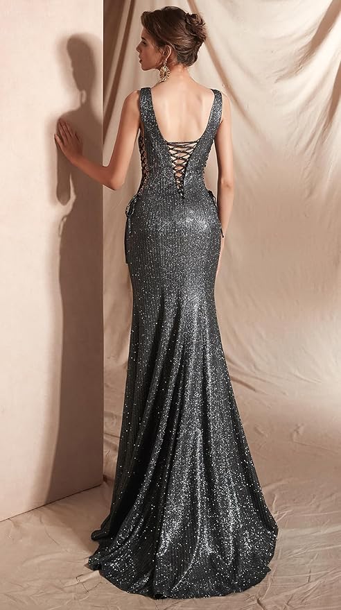 Women's Double V-Neck Sequins Lace-up Mermaid Evening Dress