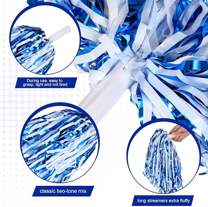 Hanaive 100Pcs Metallic Cheerleading Pom Poms with Baton Handle Cheerleader Pompom Foil 30g Cheering Squad Hand Flowers for Adults Team Spirit Sports Party Cheering