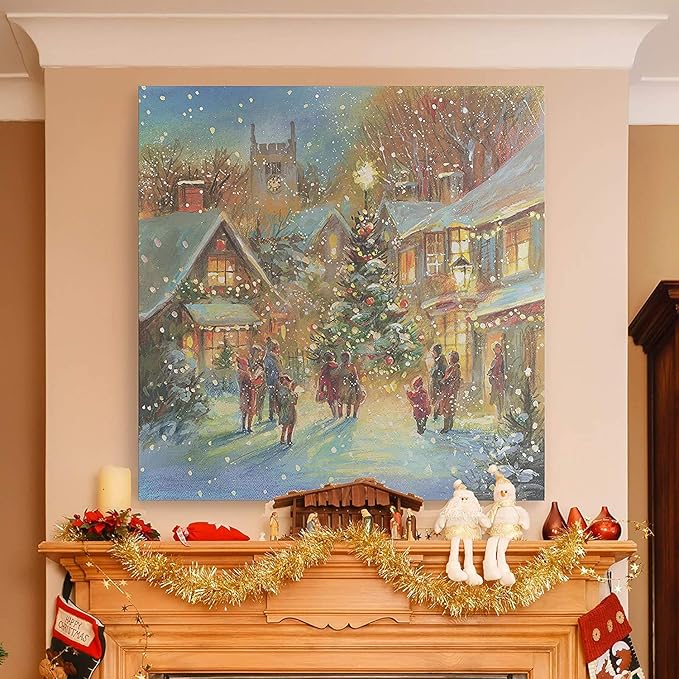 Renditions Gallery Evening Carol by Jim Mitchell Wall Art, Christmas Decor, Idyllic Winter Town, Vibrant Colors, Premium Gallery Wrapped Canvas, Ready to Hang, 16 in H x 16 in W, Made in America