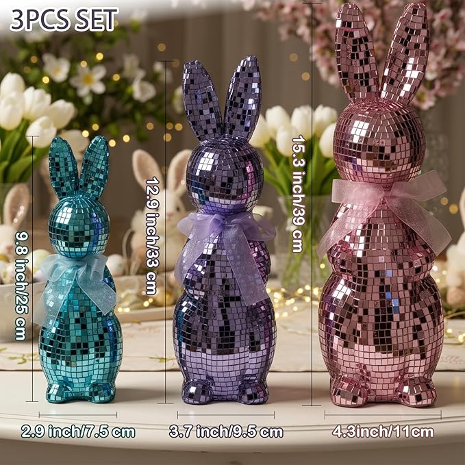 Lanpn 3PCS Mosaic Glass Bunny Easter Decorations, Decorative Disco Rabbit Sculptures for Easter Centerpieces, Spring Tabletop & Shelf Decor, Home Decoration Seasonal Gift (Pink, Purple, Blue)