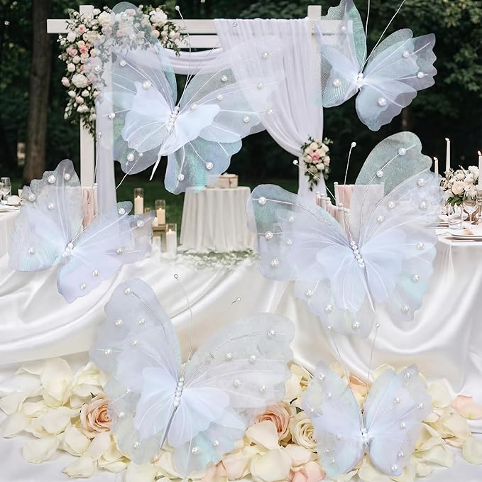 Geelin 6 Pcs Large White Pearl Butterfly Decorations Mariposas Grandes para Decoracion Big Butterfly Party Decor 20 Inch 12 Inch 3D Silk Butterflies for Baby Shower Birthday Party Wedding Decor