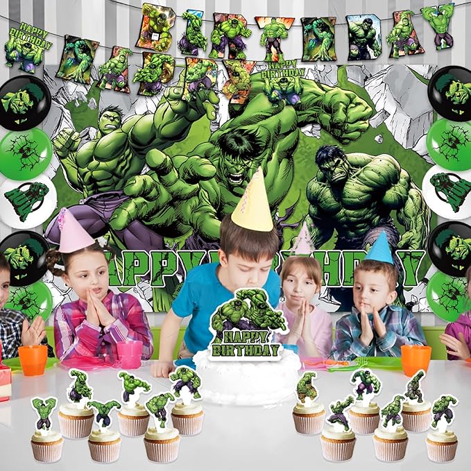 42pcs Hulks Birthday Party Supplies Pack Includes，Banner，Cake Topper，Blackdrop,Balloons for Hulks party Decoration