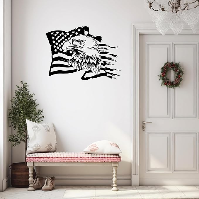 USA Bald Eagle Metal Wall Art, Large Eagle American Flag Metal Wall Decor, Fourth of July Independence Day Flag, Veteran Patriotic Gift for Home, Living Room, Office Sculptures, 4th July Day Gift (23.6" x 16.9" / 60 x 43 cm)