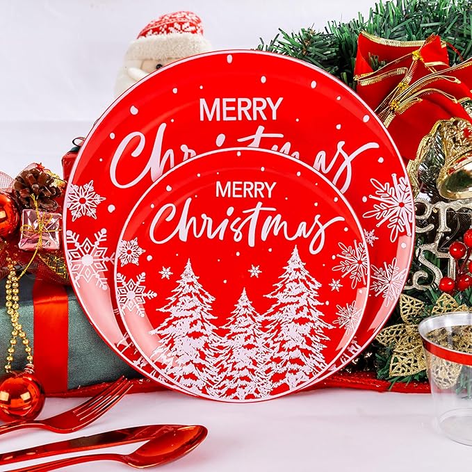 I00000 210Pcs Christmas Plastic Plates - Red Disposable Plates with Red Plastic Silverware Include 60 Plates, 30 Forks, 30 Knives, 30 Spoons, 30 Cups, 30 Napkins for Xmas Party