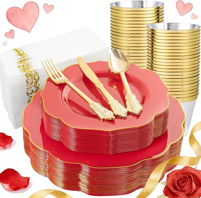 NOCCUR 175PCS Red Plastic Plates with Gold Disposable Silverware - Include 50 Red Gold Plastic Plates,25 Knives,25 Forks,25 Spoons,25 Cups and 25 Napkins - Ideal for Party/Valentines & Galentines Day