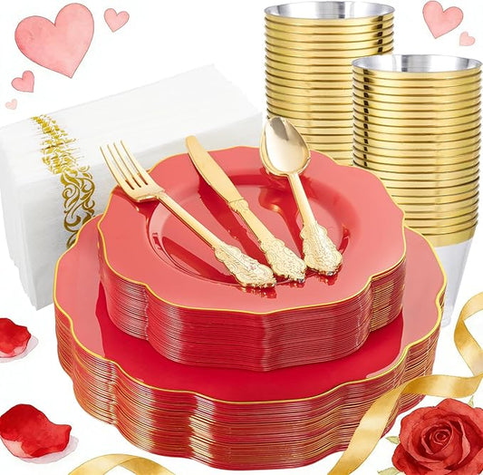 NOCCUR 175PCS Red Plastic Plates with Gold Disposable Silverware - Include 50 Red Gold Plastic Plates,25 Knives,25 Forks,25 Spoons,25 Cups and 25 Napkins - Ideal for Party/Valentines & Galentines Day