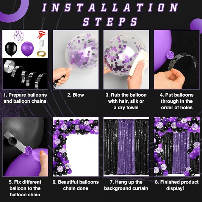 137 Pcs Purple Black Party Backdrop Kits - 4 Sequin Backdrop Curtain 133 Balloon Arch Garland Kit Photo Background for Birthday Christmas New Year Halloween Graduation Weeding Decor