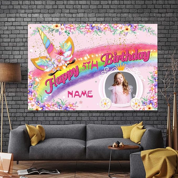 Custom Unicorn Rainbow Happy Birthday Party Decorations Supplies Personalized Unicorn Rainbow Birthday Backdrop Banner(5x7.5ft)