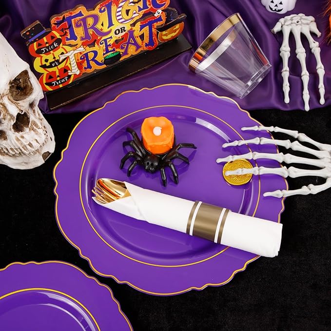 Liacere 175PCS Purple Plastic Plates-Disposable Purple and Gold - 25 guest Baroque Plastic Dinnerware include 50Plates,25Pack Pre Rolled Napkins with Silverware 25Cups for Wedding